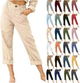 LRMQS Women Capri Pants 2024 Summer Trendy Linen Cropped Trouser with Pockets Beach Casual Cruise Fashion Capris Clothes