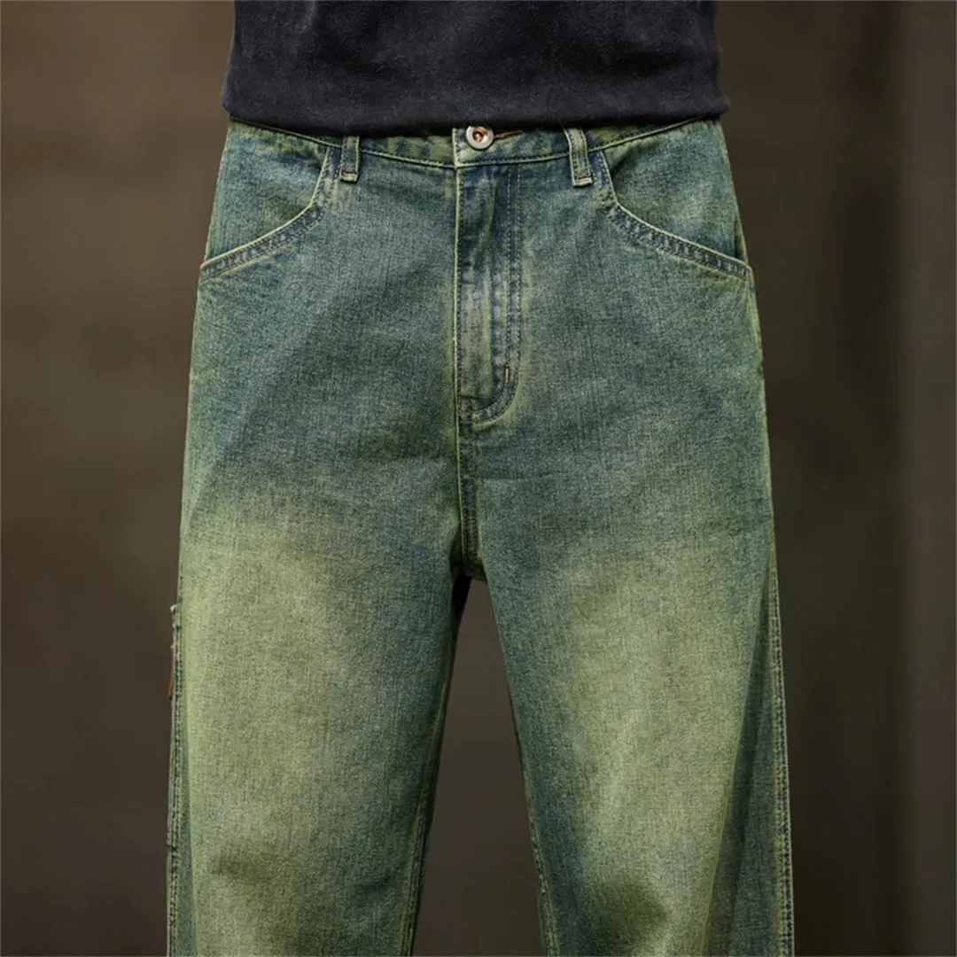 Men Wide Leg Summer Straight Loose Fit Retro Blue Denim Pants Streetwear Pockets Vintage Baggy Pants