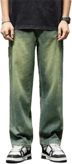 Men Wide Leg Summer Straight Loose Fit Retro Blue Denim Pants Streetwear Pockets Vintage Baggy Pants