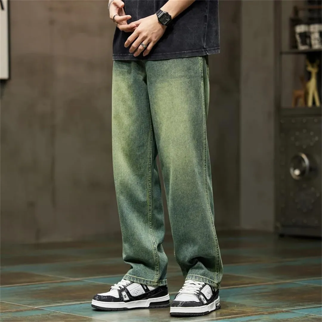 Men Wide Leg Summer Straight Loose Fit Retro Blue Denim Pants Streetwear Pockets Vintage Baggy Pants