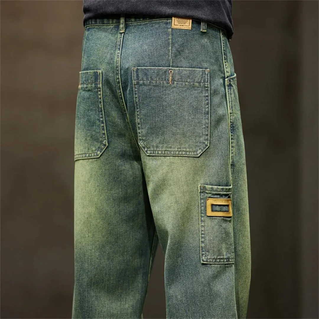 Men Wide Leg Summer Straight Loose Fit Retro Blue Denim Pants Streetwear Pockets Vintage Baggy Pants