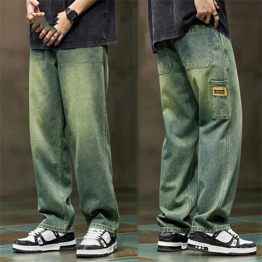 Men Wide Leg Summer Straight Loose Fit Retro Blue Denim Pants Streetwear Pockets Vintage Baggy Pants