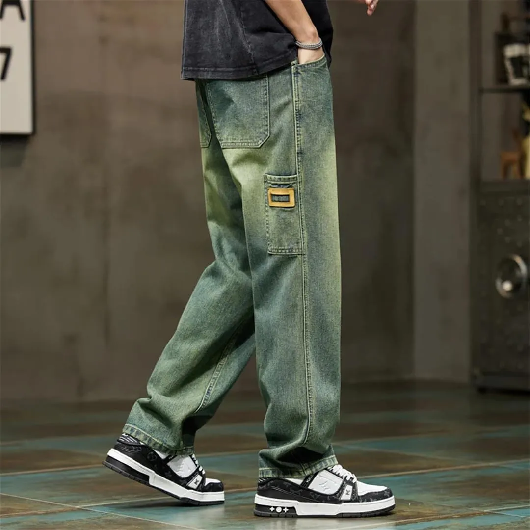 Men Wide Leg Summer Straight Loose Fit Retro Blue Denim Pants Streetwear Pockets Vintage Baggy Pants