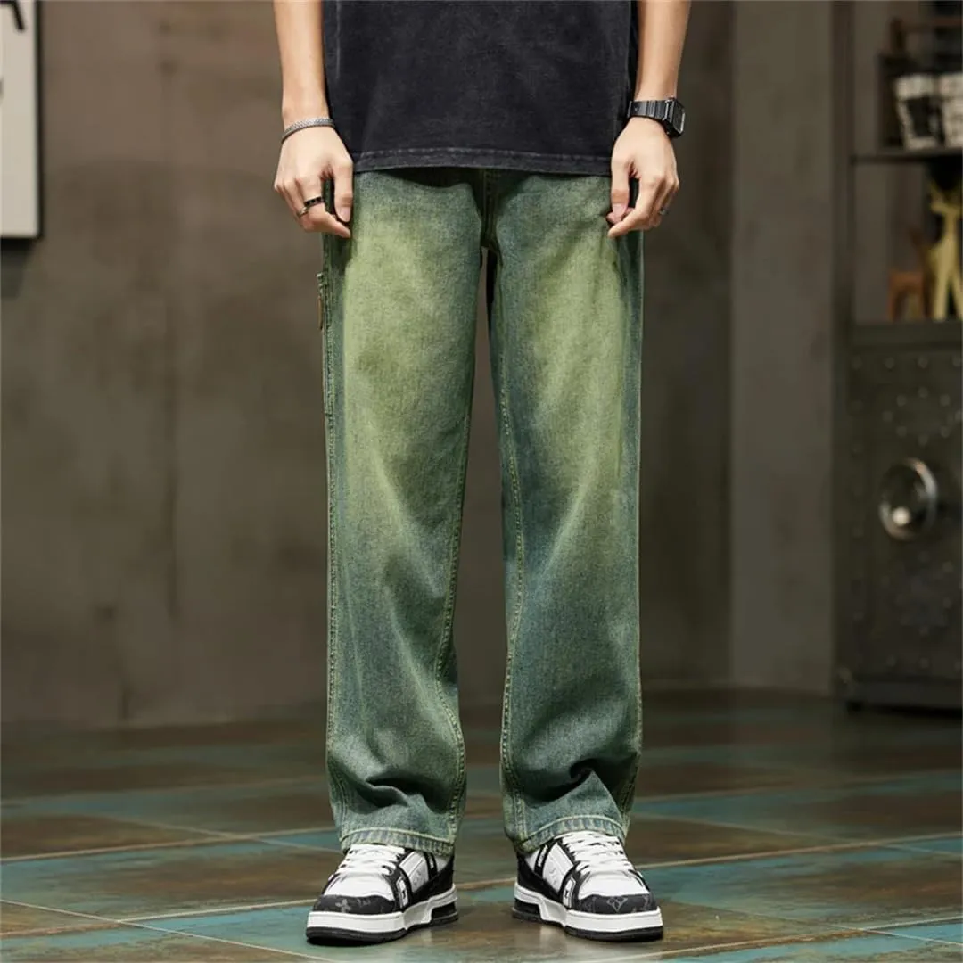 Men Wide Leg Summer Straight Loose Fit Retro Blue Denim Pants Streetwear Pockets Vintage Baggy Pants