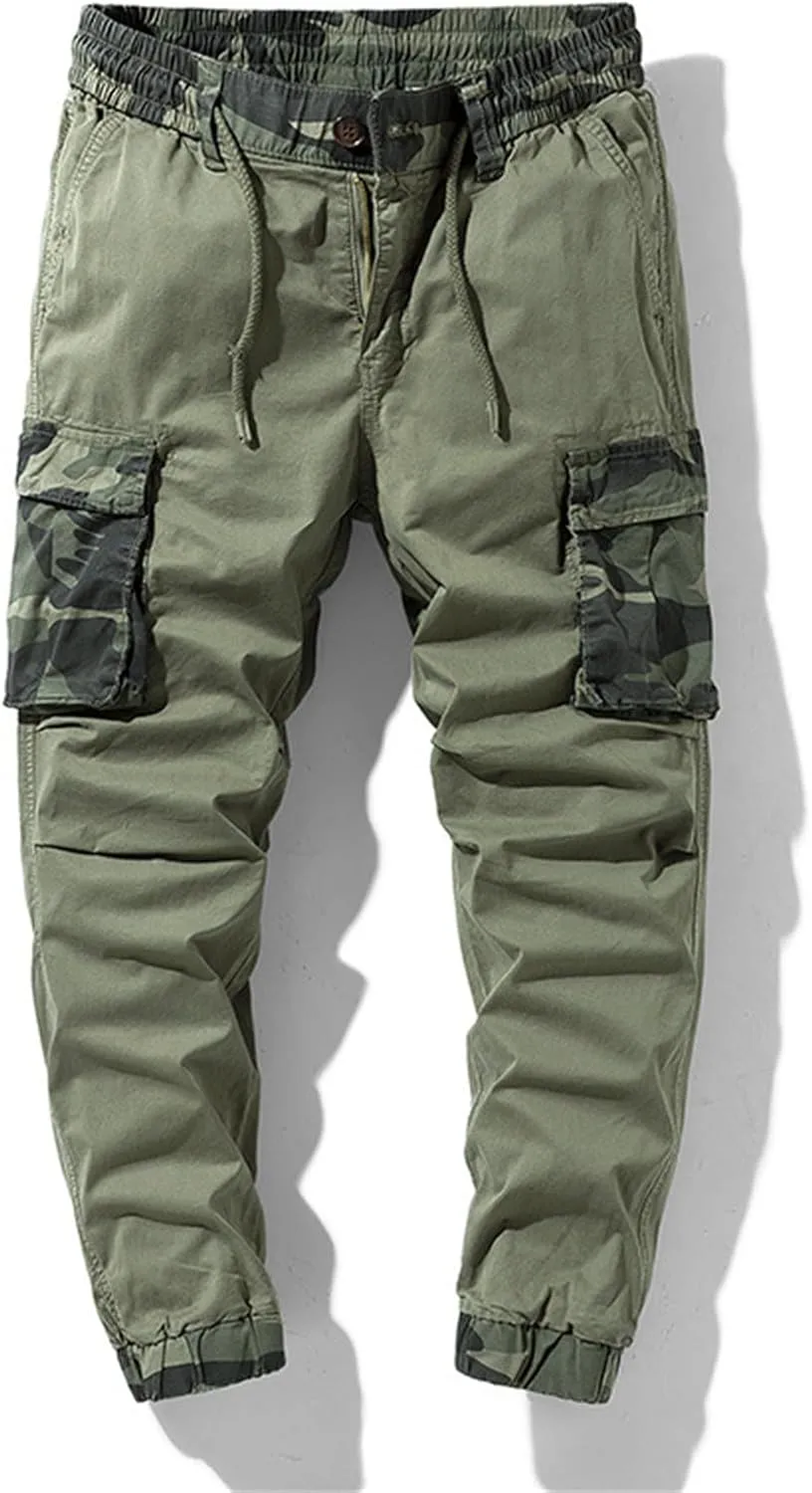 Men's Cargo Joggers Camo Patchwork Slim Fit Stretch Cotton Sweatpants Outdoor Tactical Hiking Pants with Flap Pockets