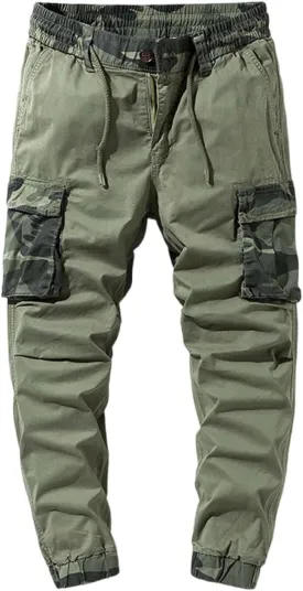 Men's Cargo Joggers Camo Patchwork Slim Fit Stretch Cotton Sweatpants Outdoor Tactical Hiking Pants with Flap Pockets