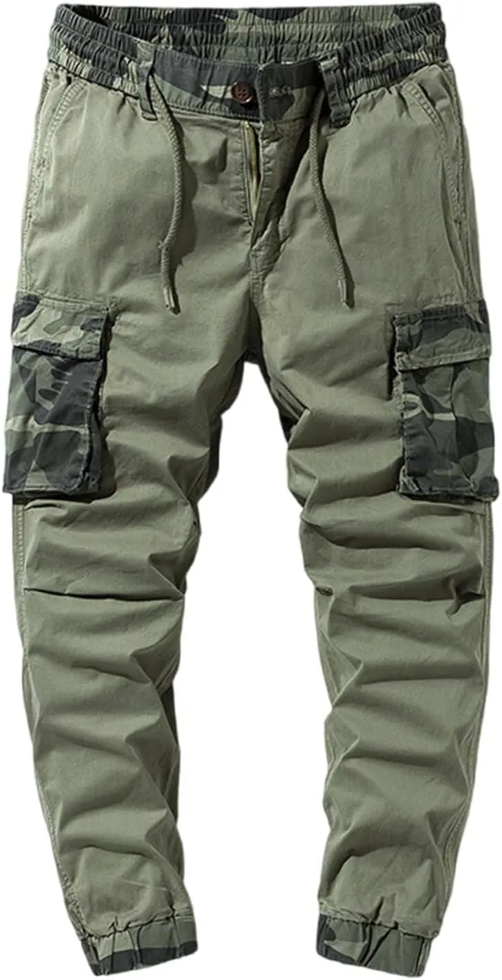 Men's Cargo Joggers Camo Patchwork Slim Fit Stretch Cotton Sweatpants Outdoor Tactical Hiking Pants with Flap Pockets