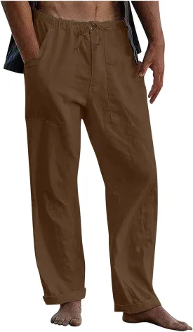Mens Linen Pants Yoga Beach Loose Fit Casual Summer Elastic Waist Drawstring Wide Leg Baggy Pants Trousers for Men