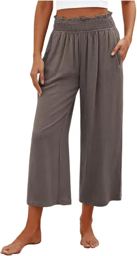 Mzkdieey Women's Linen Wide Leg Capri Pants Pull On Elastic Smock Waist Palazzo Trousers Loose Flowy Capris with Pockets