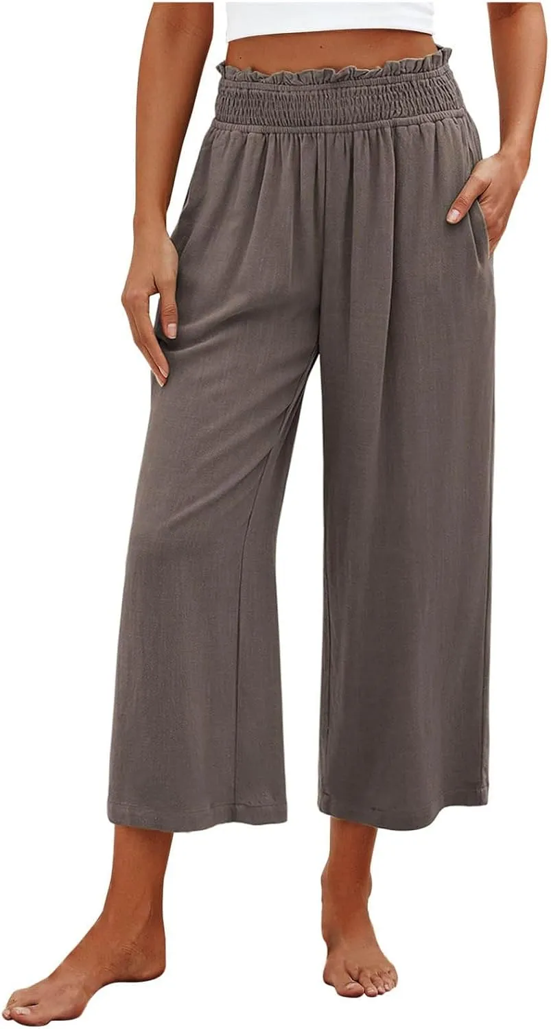 Mzkdieey Women's Linen Wide Leg Capri Pants Pull On Elastic Smock Waist Palazzo Trousers Loose Flowy Capris with Pockets