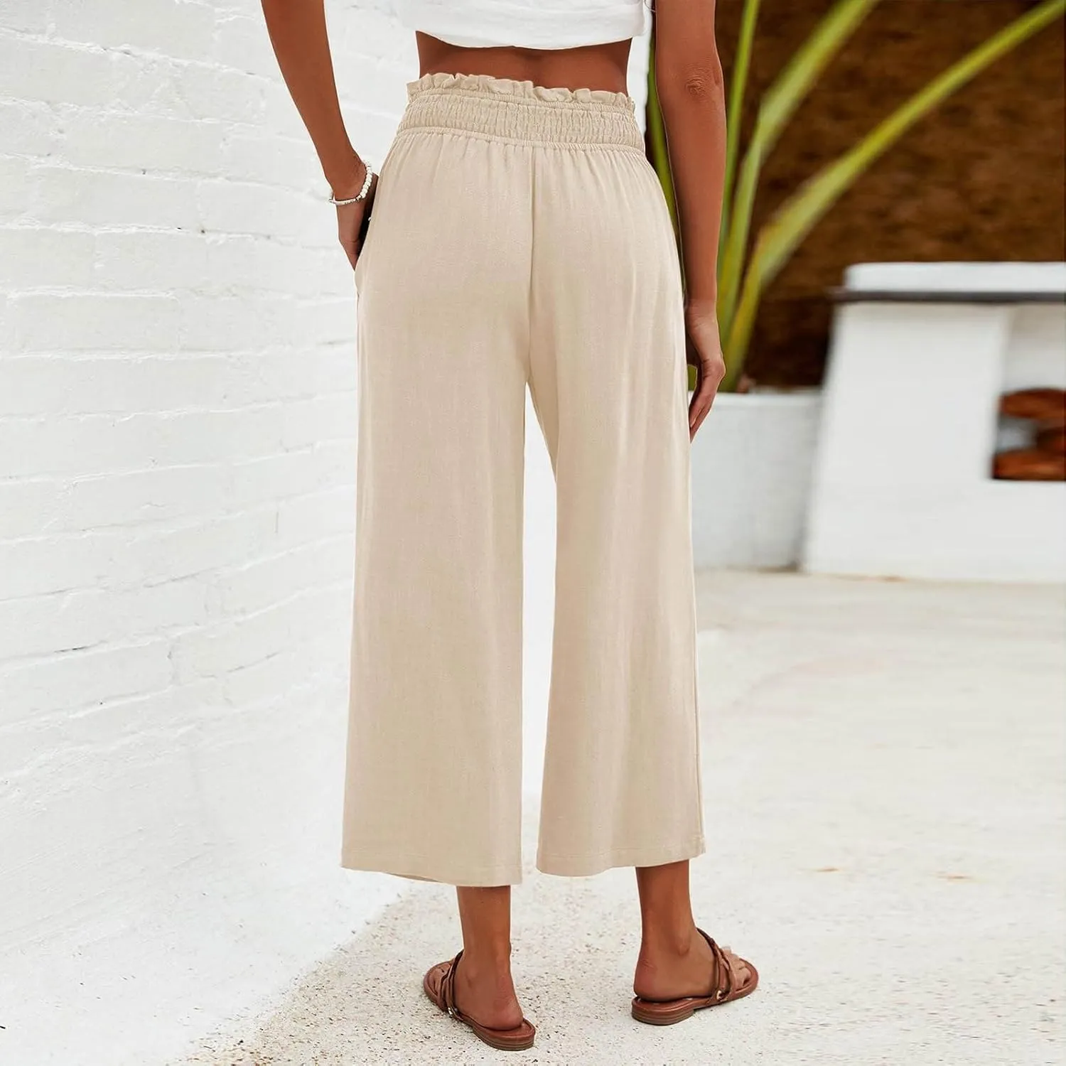 Mzkdieey Women's Linen Wide Leg Capri Pants Pull On Elastic Smock Waist Palazzo Trousers Loose Flowy Capris with Pockets