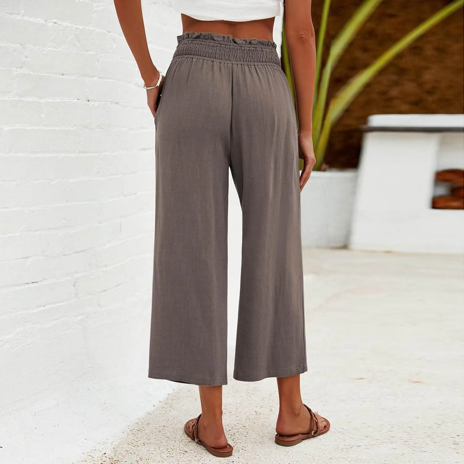 Mzkdieey Women's Linen Wide Leg Capri Pants Pull On Elastic Smock Waist Palazzo Trousers Loose Flowy Capris with Pockets