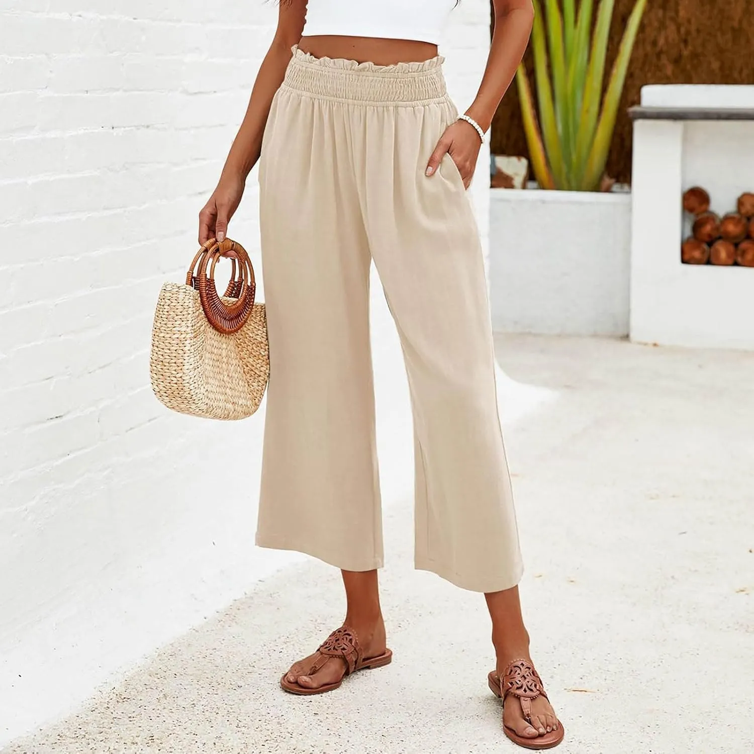 Mzkdieey Women's Linen Wide Leg Capri Pants Pull On Elastic Smock Waist Palazzo Trousers Loose Flowy Capris with Pockets