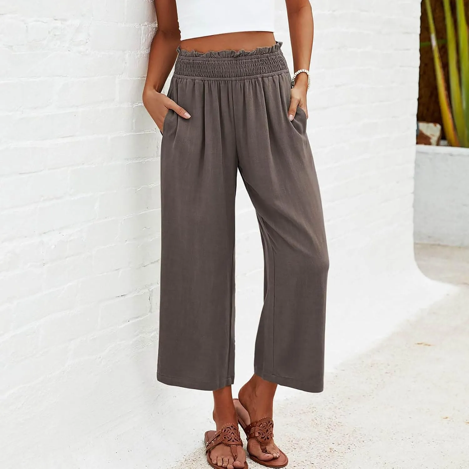 Mzkdieey Women's Linen Wide Leg Capri Pants Pull On Elastic Smock Waist Palazzo Trousers Loose Flowy Capris with Pockets