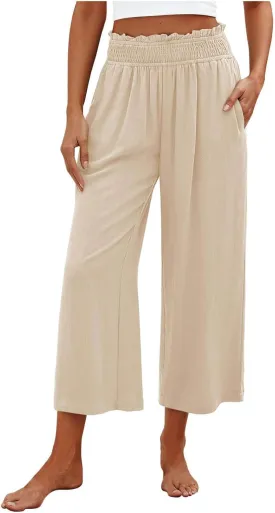 Mzkdieey Women's Linen Wide Leg Capri Pants Pull On Elastic Smock Waist Palazzo Trousers Loose Flowy Capris with Pockets