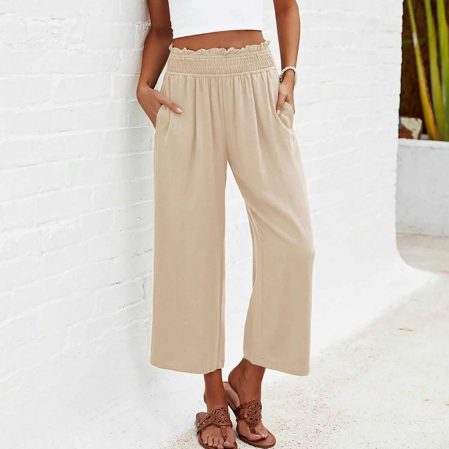 Mzkdieey Women's Linen Wide Leg Capri Pants Pull On Elastic Smock Waist Palazzo Trousers Loose Flowy Capris with Pockets