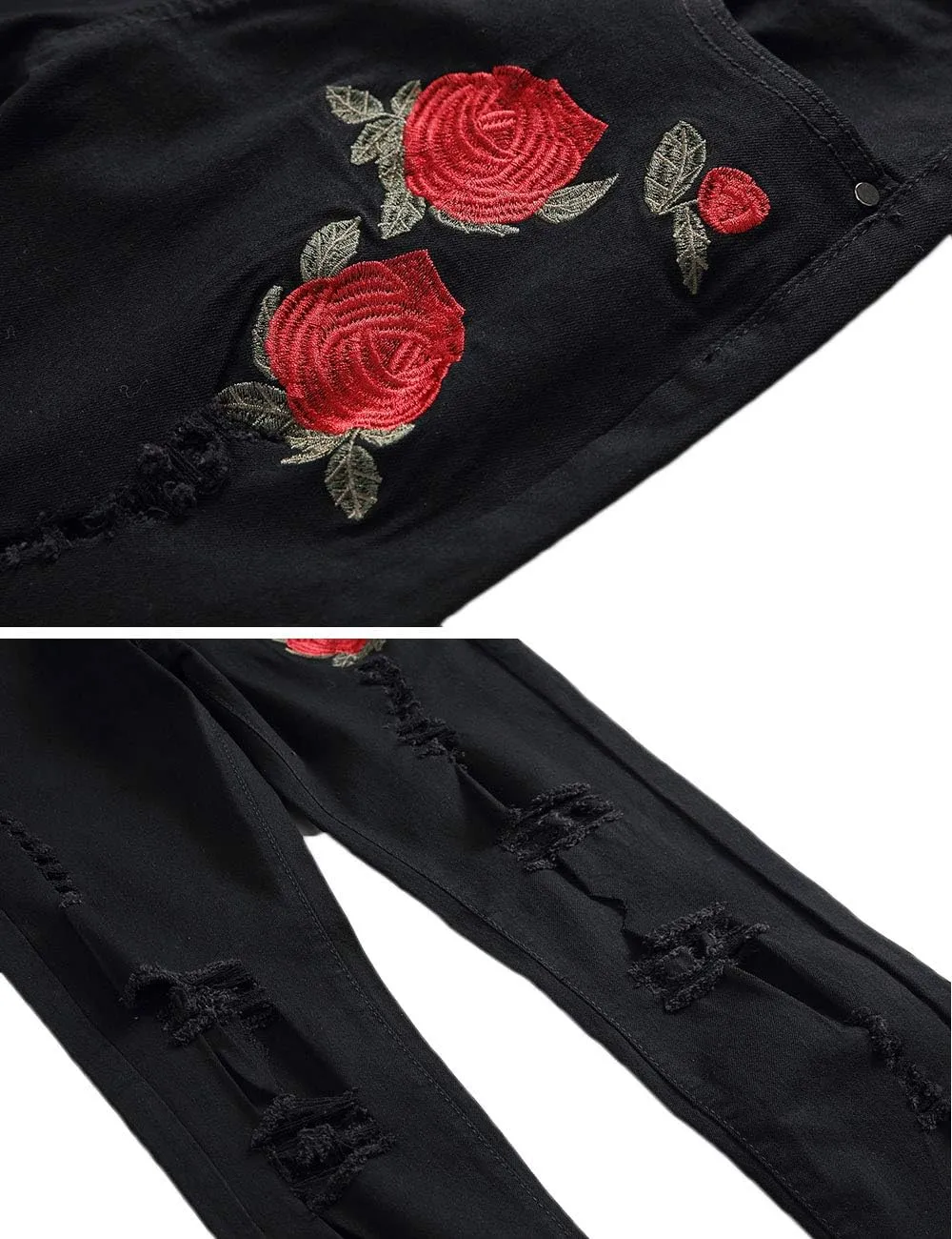 Nutriangee Men's Floral Jeans, Ripped Skinny Distressed Destroyed Slim Fit Stretch Rose Embroidered Pants