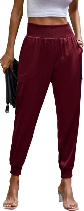 PRETTYGARDEN Women's Satin Jogger Pants Casual Dressy High Waist Long Lounge Pant Trousers Summer Outfits with Pockets
