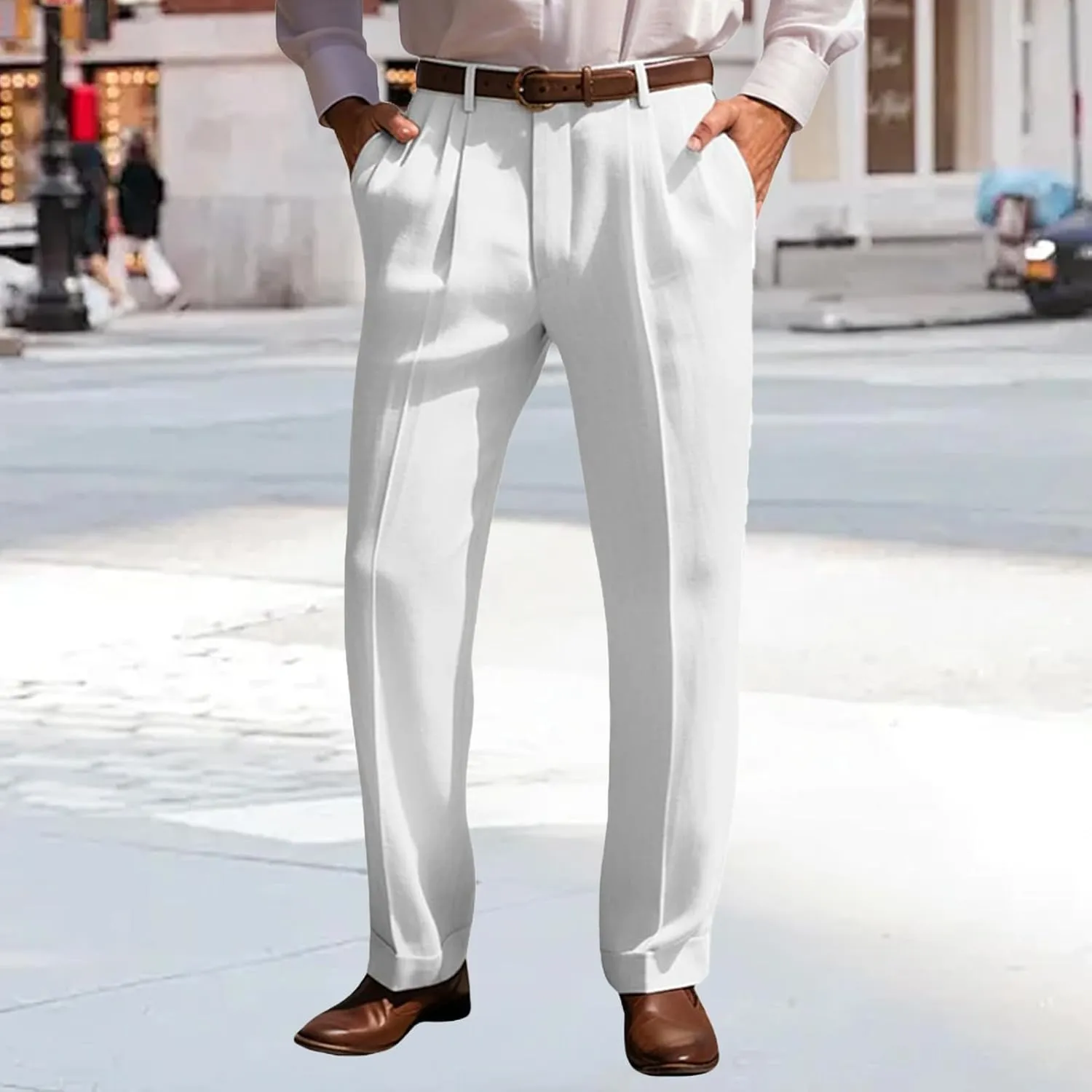 Suit Dress Pants for Men Vintage Slim Fit Stretchy Pant Cotton Linen Breathable Straight Leg Trousers Pleated Slacks