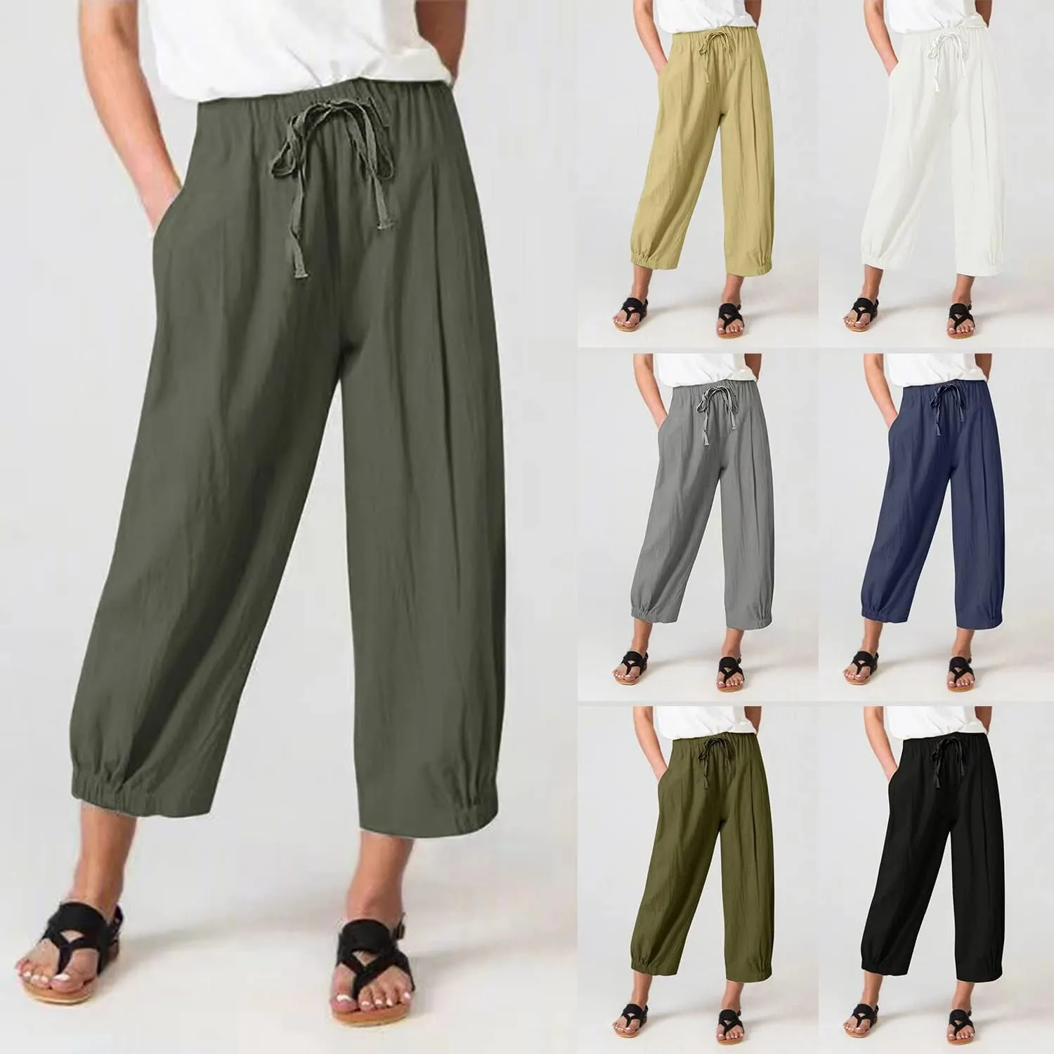 TBA Women's Casual Pants Summer Wide Leg Capris Drawstring Elastic High Waist Cotton Cropped Trousers with Pockets