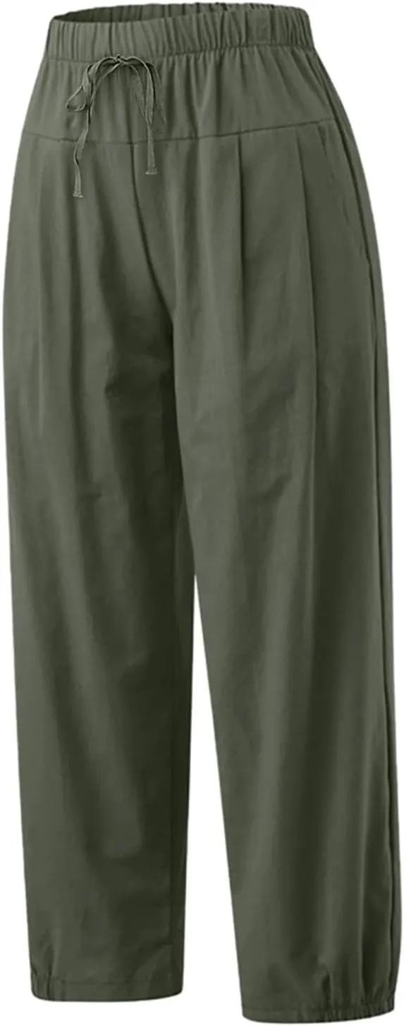 TBA Women's Casual Pants Summer Wide Leg Capris Drawstring Elastic High Waist Cotton Cropped Trousers with Pockets