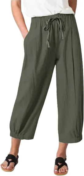 TBA Women's Casual Pants Summer Wide Leg Capris Drawstring Elastic High Waist Cotton Cropped Trousers with Pockets