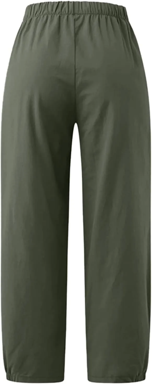 TBA Women's Casual Pants Summer Wide Leg Capris Drawstring Elastic High Waist Cotton Cropped Trousers with Pockets