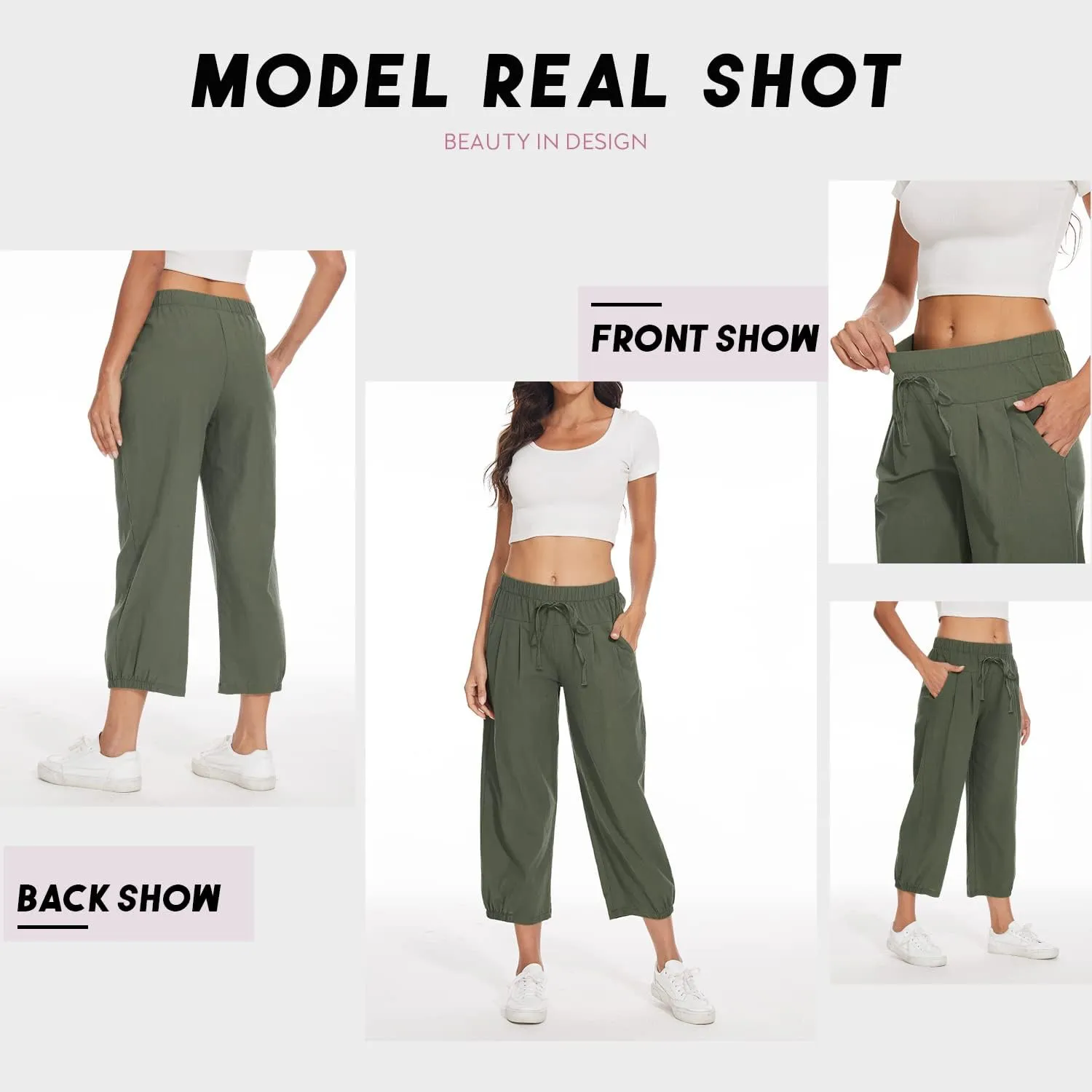 TBA Women's Casual Pants Summer Wide Leg Capris Drawstring Elastic High Waist Cotton Cropped Trousers with Pockets