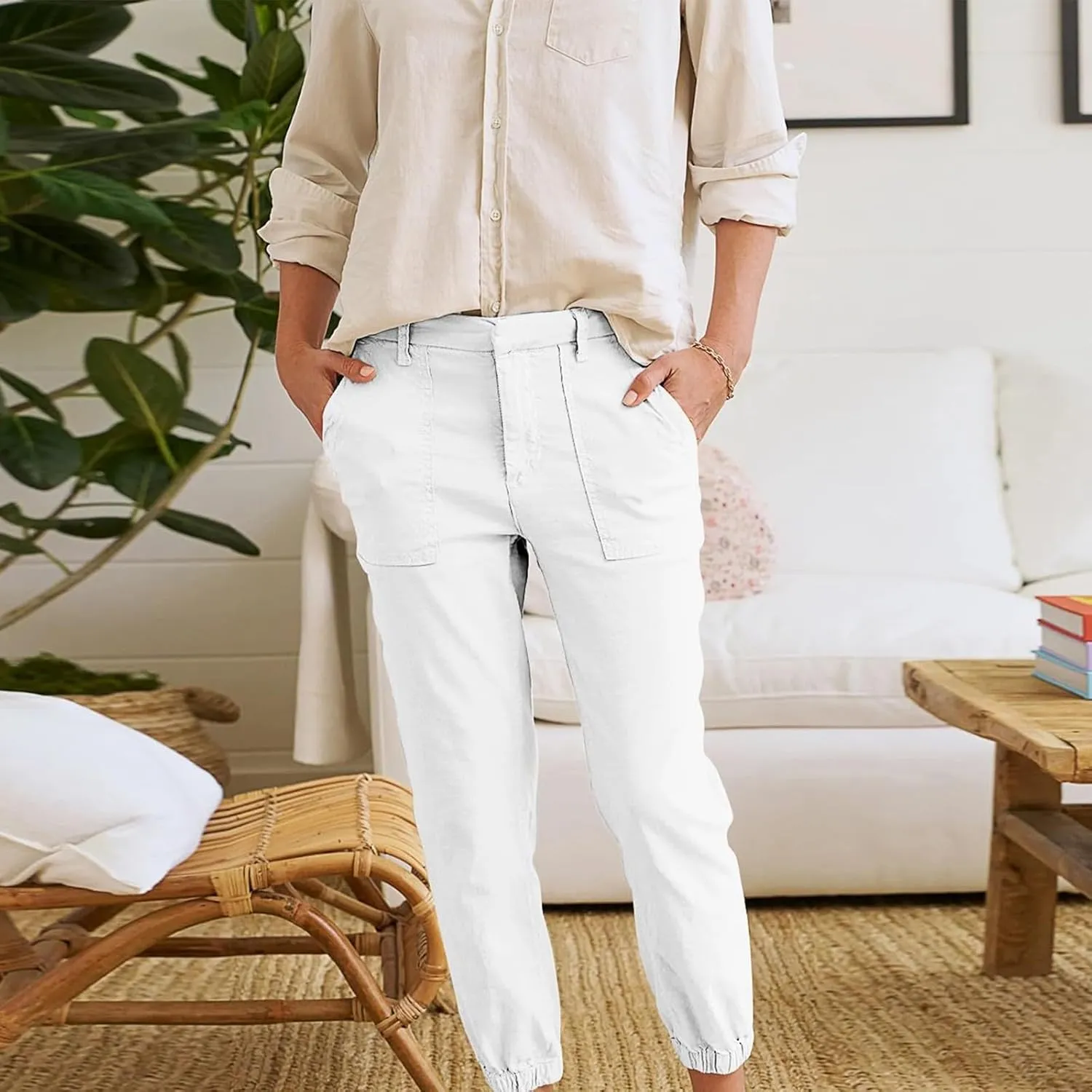 Trendy Jogger Pant for Women Elastic Waist Office Work Travel Party Trouser Daily Regular Slim Fit Cuffed Casual Pant