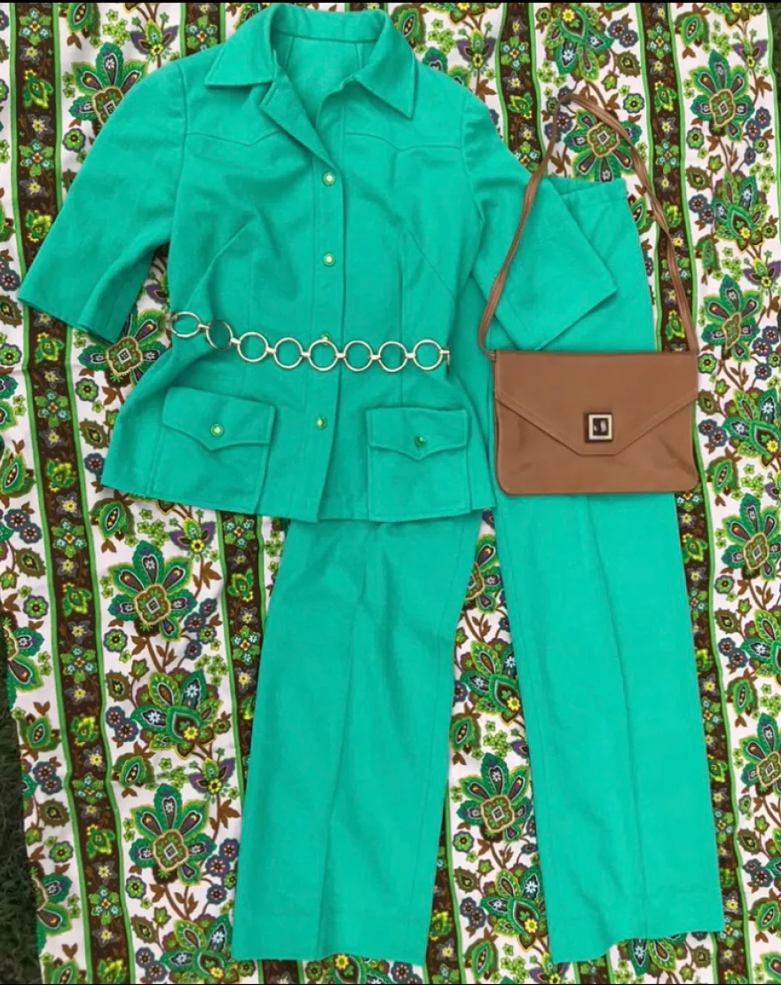 Vintage 1970s | Seafoam Green MOD Groovy Pantsuit 2 Piece Suit Set | Size M 8 10