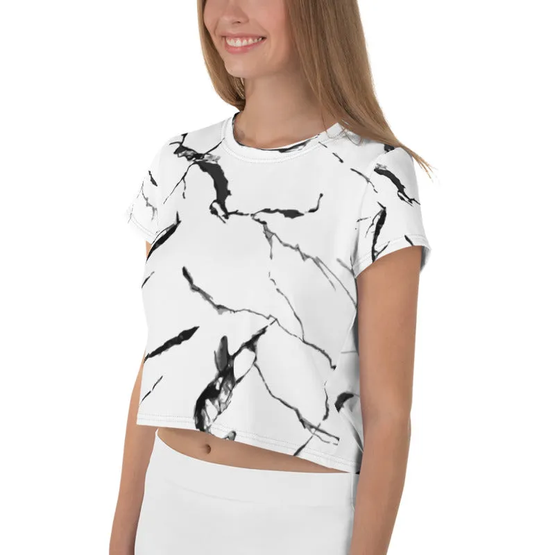White Marble Print Crop Tee, Marble Premium Best Women's Crop T-Shirt-Made in USA/EU