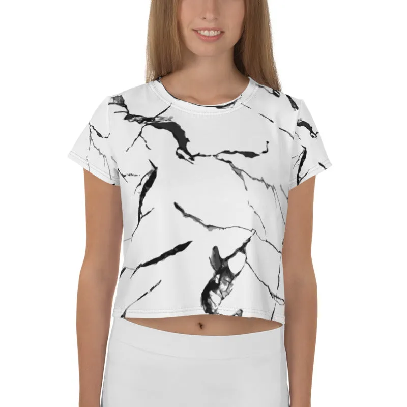 White Marble Print Crop Tee, Marble Premium Best Women's Crop T-Shirt-Made in USA/EU