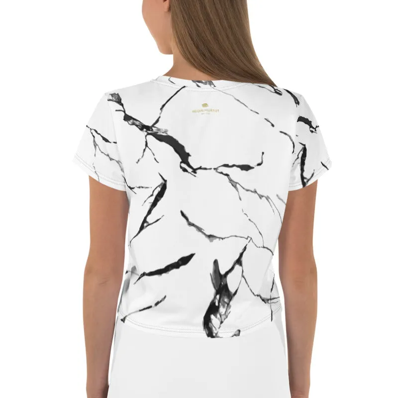 White Marble Print Crop Tee, Marble Premium Best Women's Crop T-Shirt-Made in USA/EU