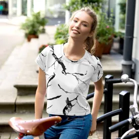 White Marble Print Crop Tee, Marble Premium Best Women's Crop T-Shirt-Made in USA/EU