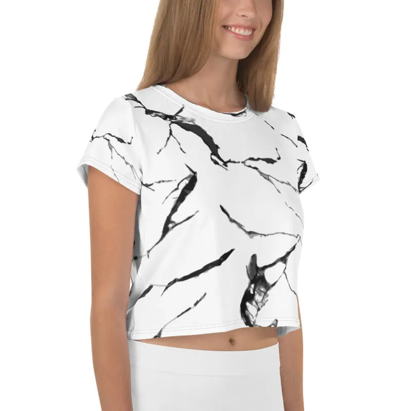White Marble Print Crop Tee, Marble Premium Best Women's Crop T-Shirt-Made in USA/EU