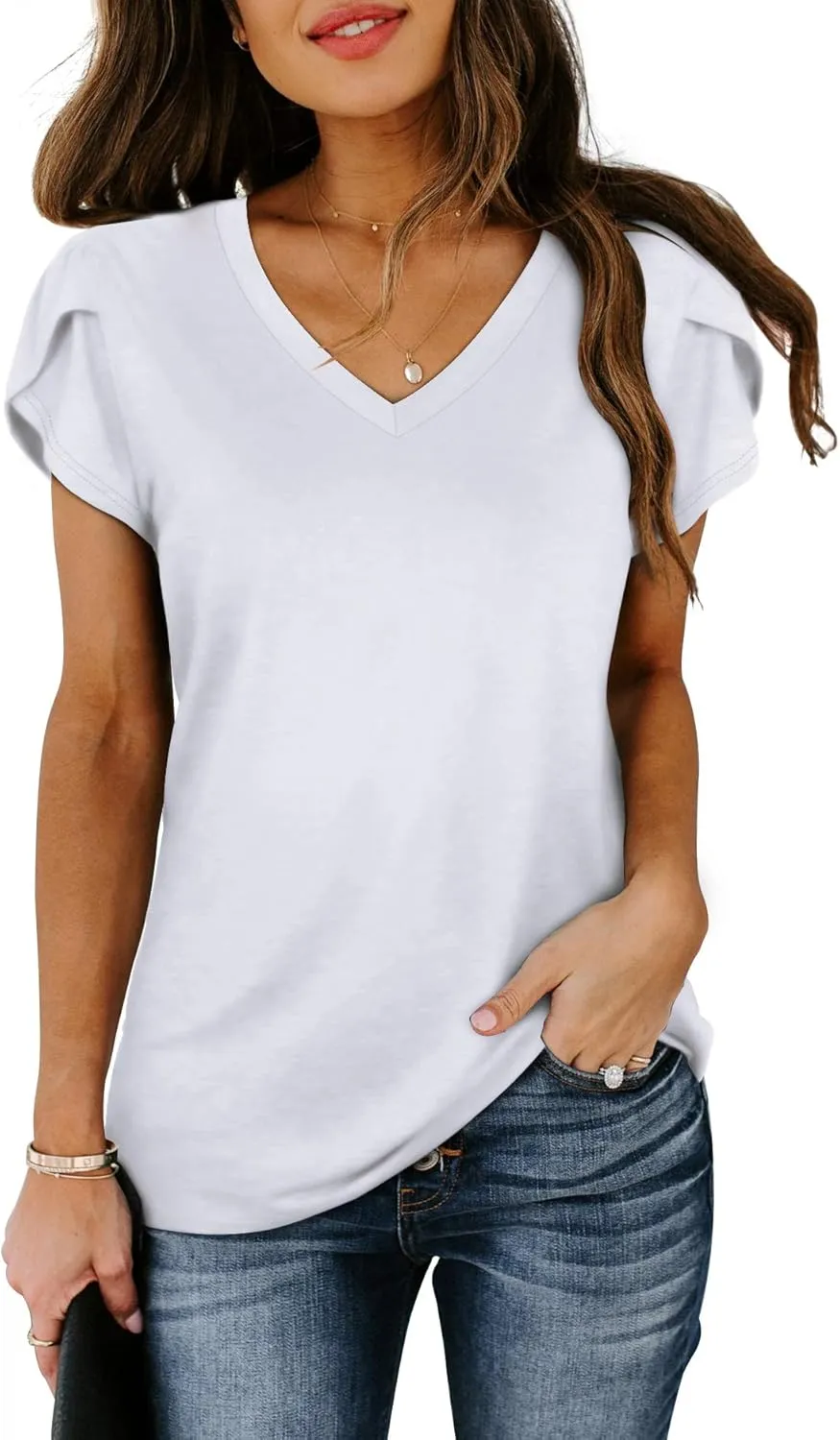 WIHOLL Womens Tops V Neck Summer Petal Sleeve Casual Tshirts
