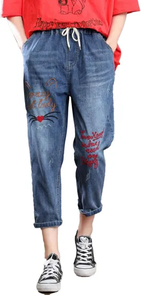 Women Floral Embroidered Denim Pants Wide Leg Baggy Barrel Jeans Tapered Bottom Trousers Straight Cropped Pants