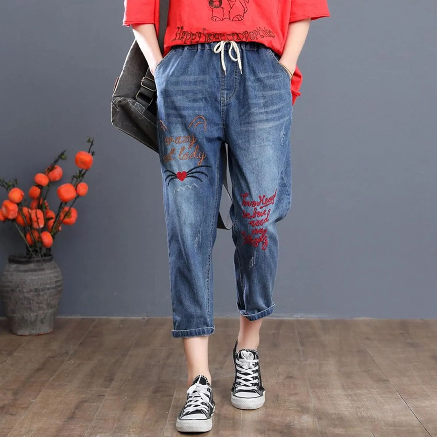 Women Floral Embroidered Denim Pants Wide Leg Baggy Barrel Jeans Tapered Bottom Trousers Straight Cropped Pants