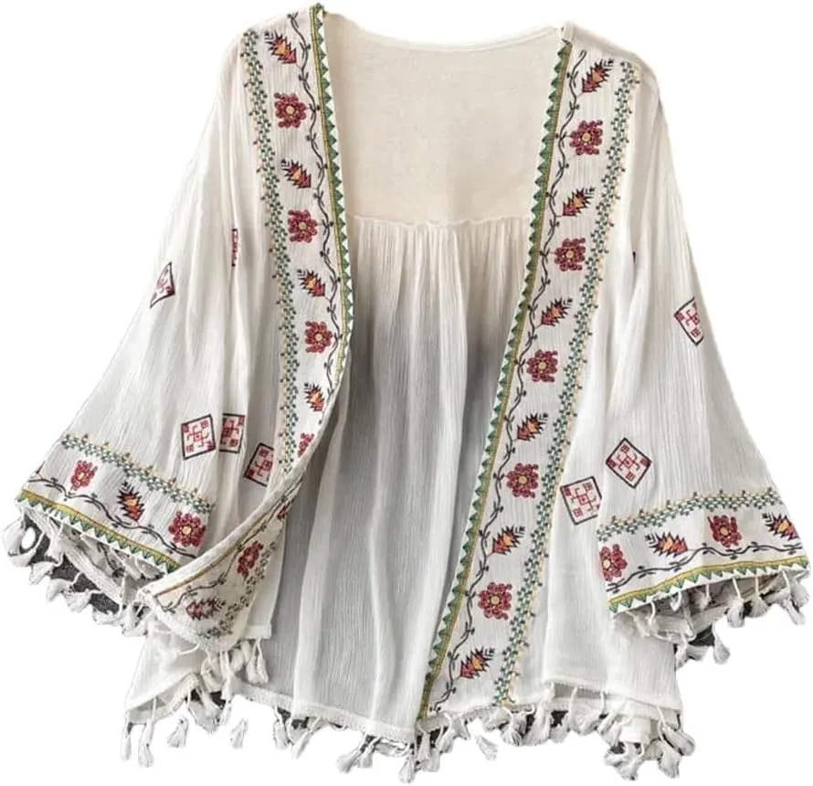 Women's Bohemian Holiday Style Embroidered Tassel Chiffon Cardigan Waist Slim Short Tops