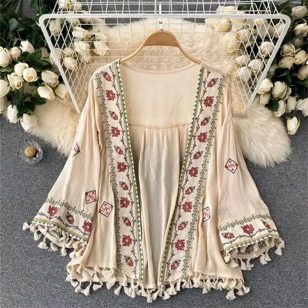 Women's Bohemian Holiday Style Embroidered Tassel Chiffon Cardigan Waist Slim Short Tops