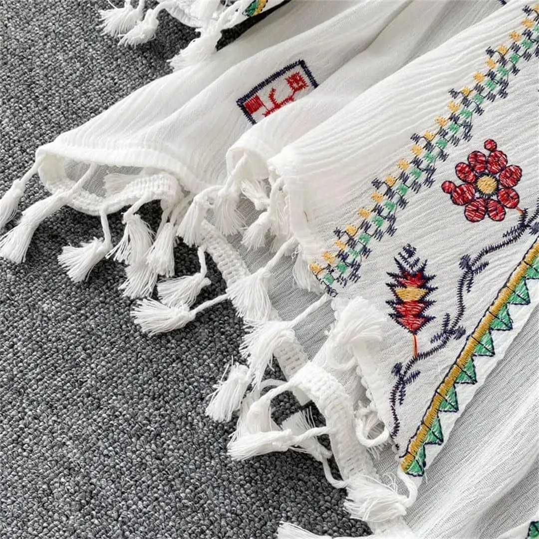 Women's Bohemian Holiday Style Embroidered Tassel Chiffon Cardigan Waist Slim Short Tops
