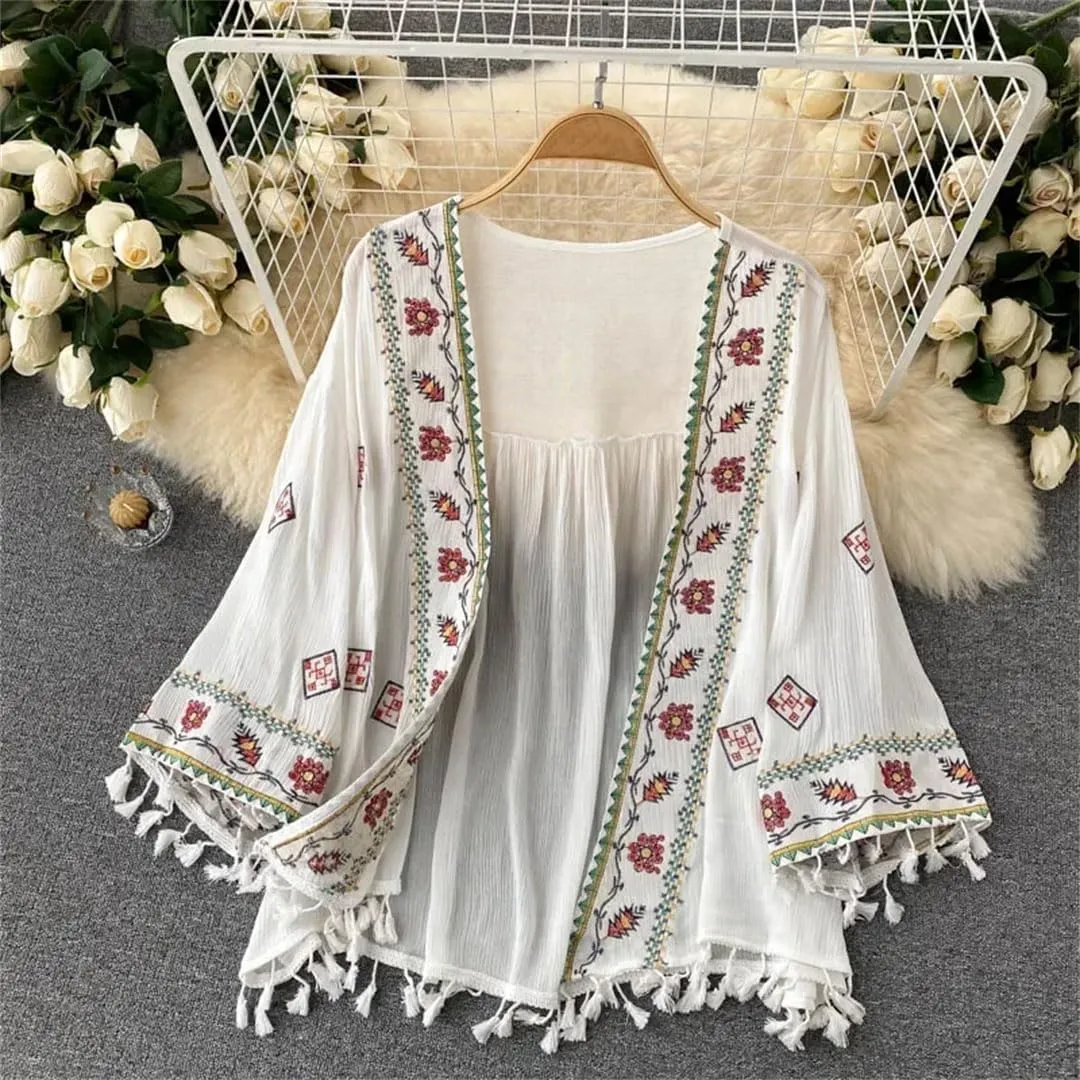 Women's Bohemian Holiday Style Embroidered Tassel Chiffon Cardigan Waist Slim Short Tops