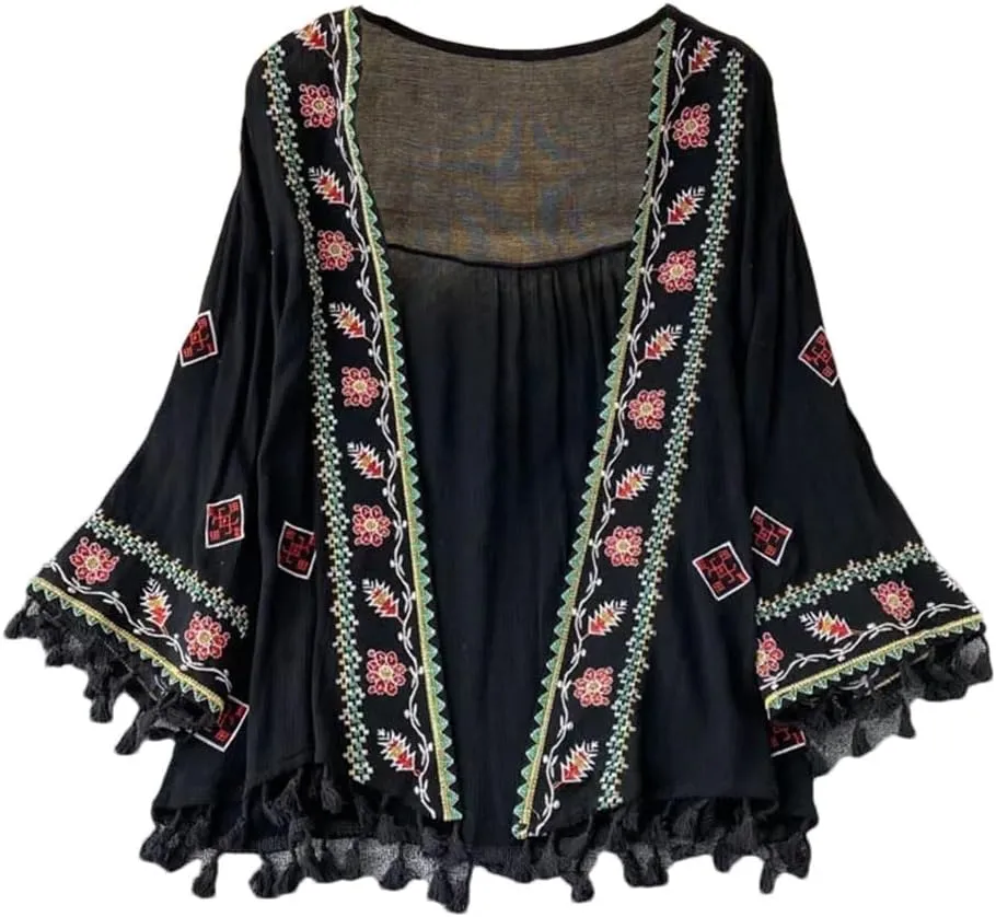 Women's Bohemian Holiday Style Embroidered Tassel Chiffon Cardigan Waist Slim Short Tops
