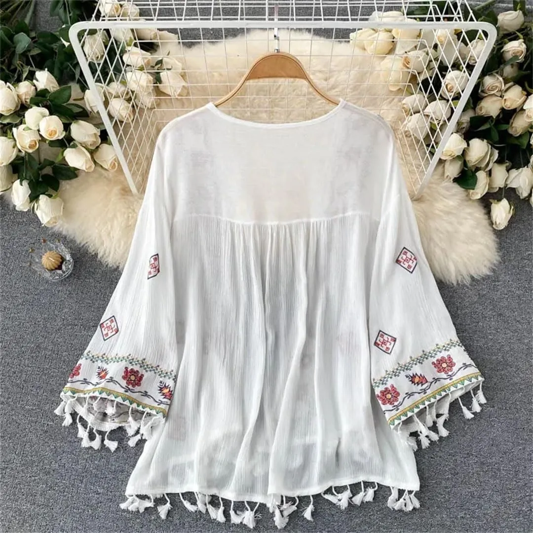 Women's Bohemian Holiday Style Embroidered Tassel Chiffon Cardigan Waist Slim Short Tops