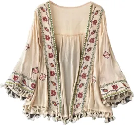 Women's Bohemian Holiday Style Embroidered Tassel Chiffon Cardigan Waist Slim Short Tops