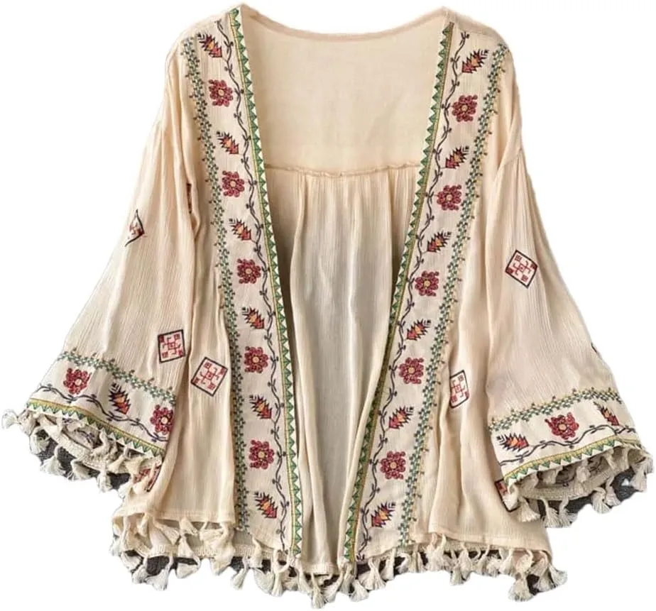 Women's Bohemian Holiday Style Embroidered Tassel Chiffon Cardigan Waist Slim Short Tops