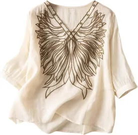 Women's Casual Solid Color Embroidered Cotton and Linen Tops Shirts T Shirts Long Sleeve Blouse Summer Short Sleeve