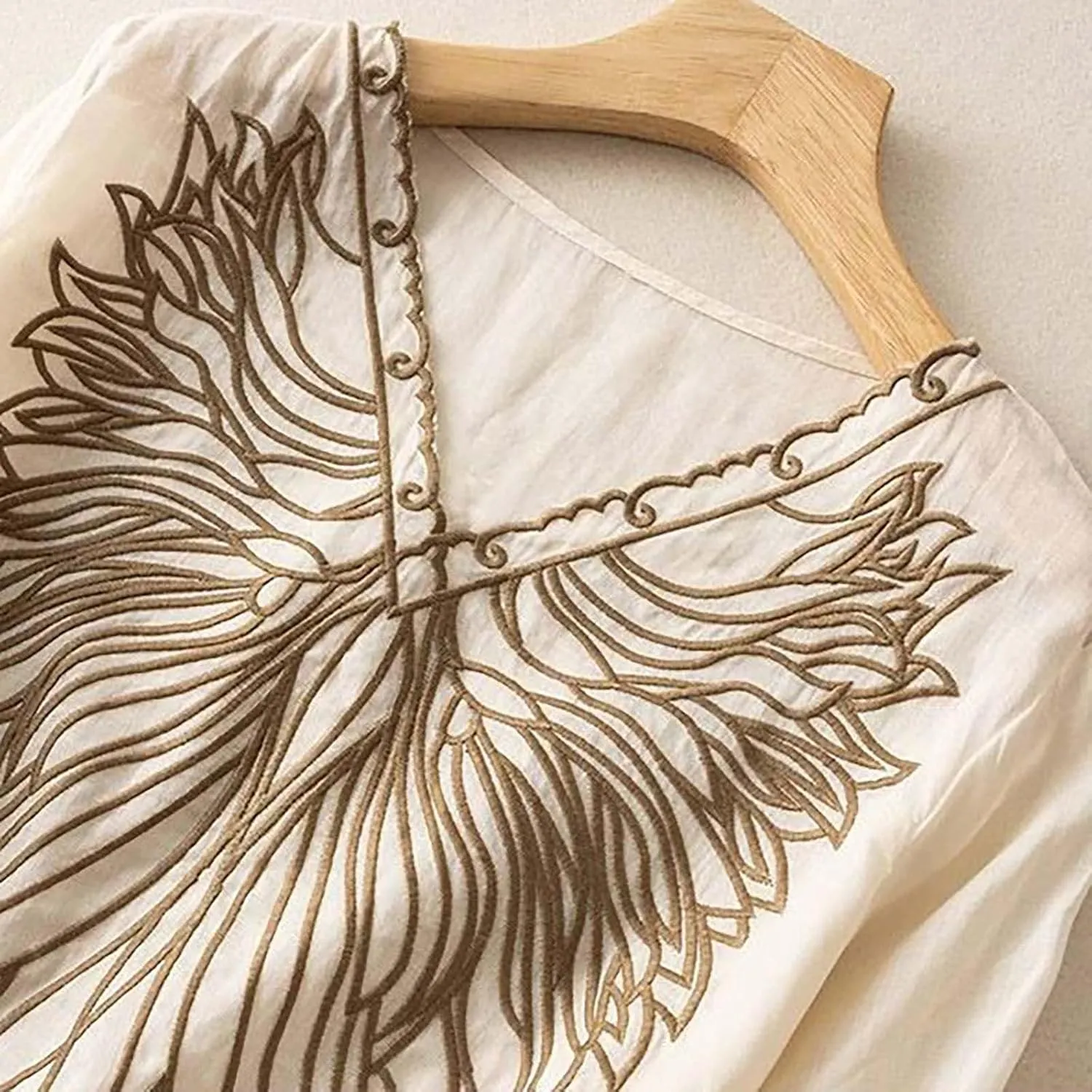 Women's Casual Solid Color Embroidered Cotton and Linen Tops Shirts T Shirts Long Sleeve Blouse Summer Short Sleeve