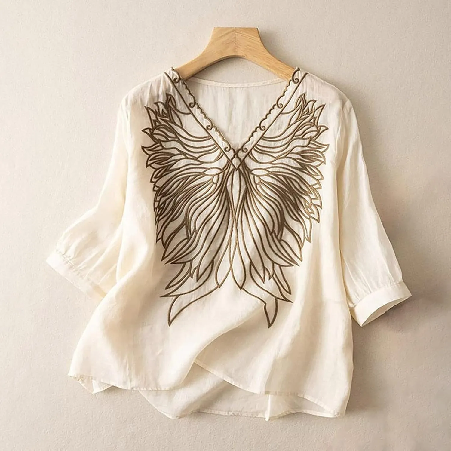 Women's Casual Solid Color Embroidered Cotton and Linen Tops Shirts T Shirts Long Sleeve Blouse Summer Short Sleeve