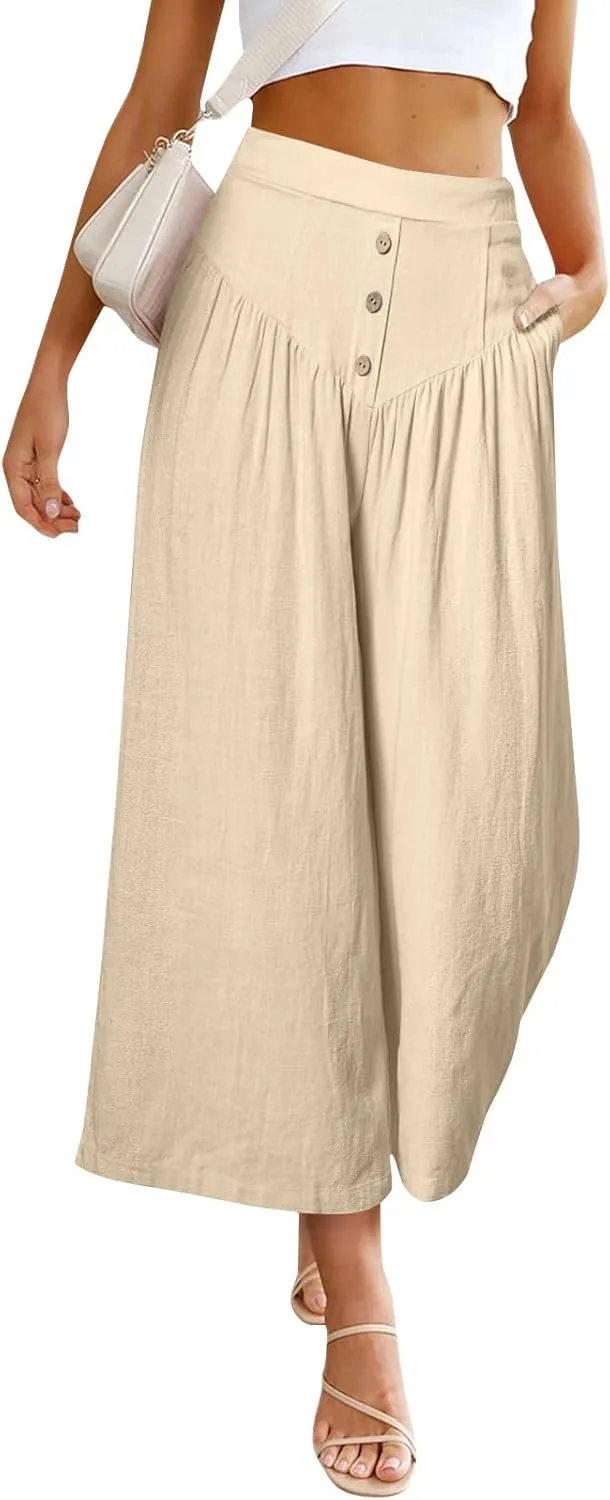 Womens Cotton Linen Palazzo Pants Flowy Wide Leg Cropped Pants Lightweight High Waist Beach Trousers